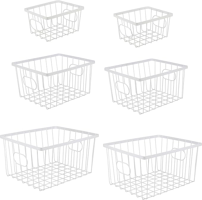 happimess BSK3001B-6SET Camden Vintage Industrial Wire Metal Nesting Storage Baskets, for Shelves, Cabinets, Pantry, Countertop, Mesh Open Bin Basket for Organizing Supplies, White (Set of 6)