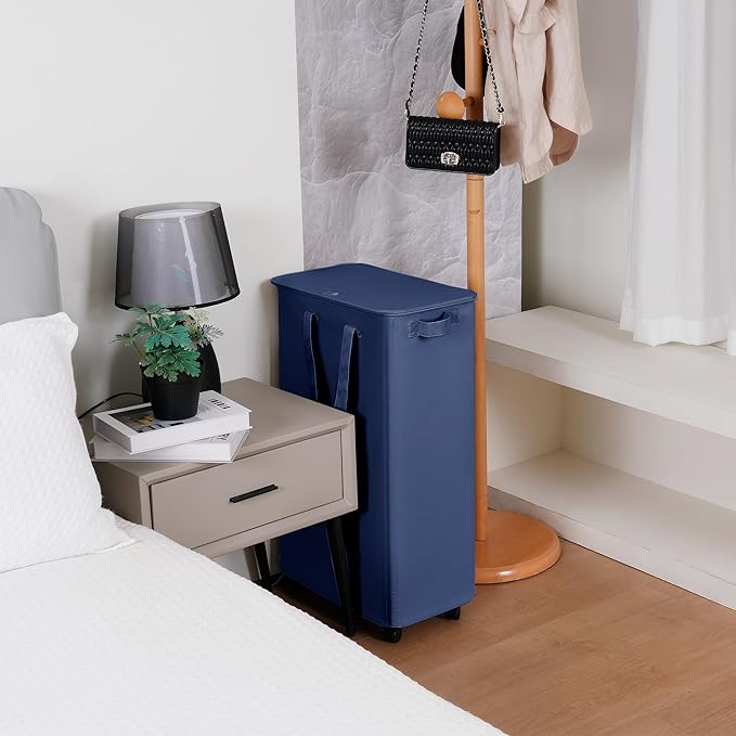 Slim Laundry Hamper with Lid and Wheels, Small Rolling Laundry Basket with Handle for Small Spaces, Tall Dirty Clothes Hampers for Dorm, Bathroom and Bedroom, 75L, Blue