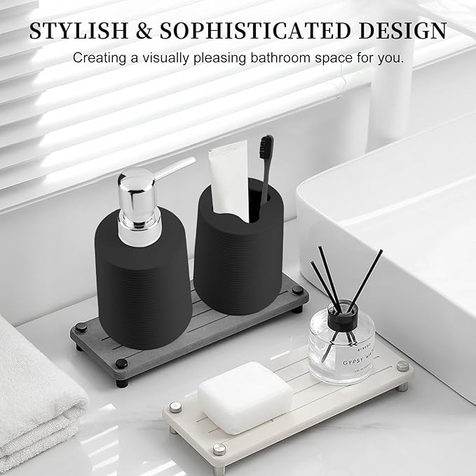 Bathroom Accessories Set 2 Piece, Matte Black Bathroom Accessories with Soap Dispenser and Toothbrush Holder, Striped Pattern Bathroom Set for Modern Bathroom Decor