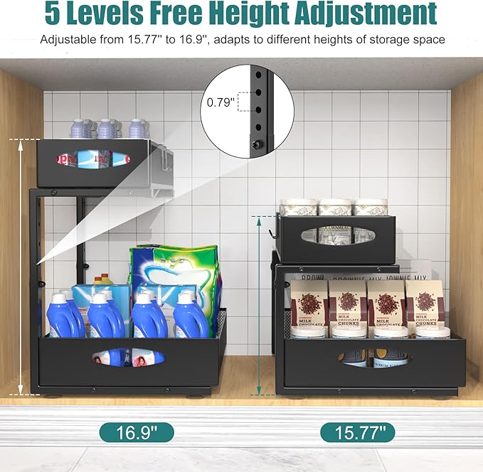 Housolution 2 Pack Large Under Sink Organizer, 2 Tier Metal Pull Out Under Sink Storage with Sliding Mesh Drawers, Height Adjustable Slide Out Under Cabinet Organizer for Kitchen Bathroom, Black