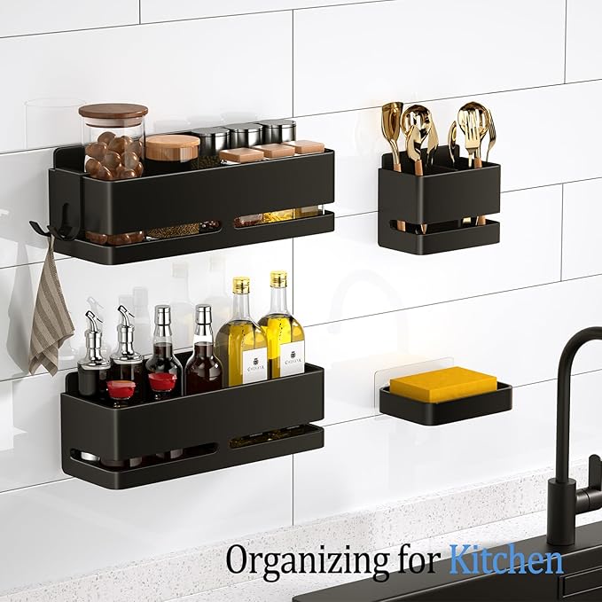 YESENT Bathroom Shower Caddy (5-Piece Set), Wall-Mounted Shelf with soap Dish and Toothbrush Holder, no Drilling Required, Ideal for Bathroom Storage and Also Suitable for Kitchen (Black)