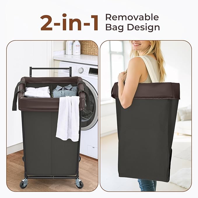 160L Laundry Hamper with Wheels and Handle, 2 Section Large Rolling Laundry Basket Bag with Wheels, Clothes Hamper Cart for Laundry, Bedroom, Bathroom and Dorm
