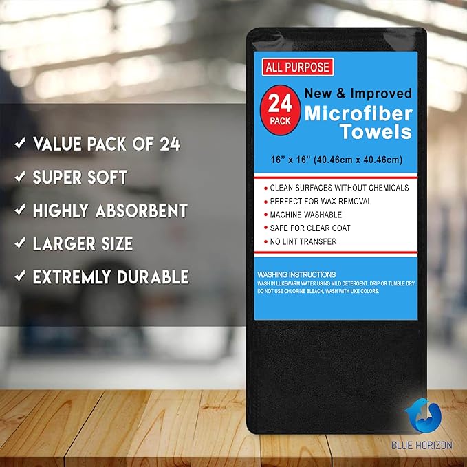 Blue Horizon Microfiber Cleaning Towels, Pack of 24, Ultra Soft Plush Washcloth, All Purpose Premium Microfiber Detailing Cleaning Cloths Shop Towels (16" x 16", Black)
