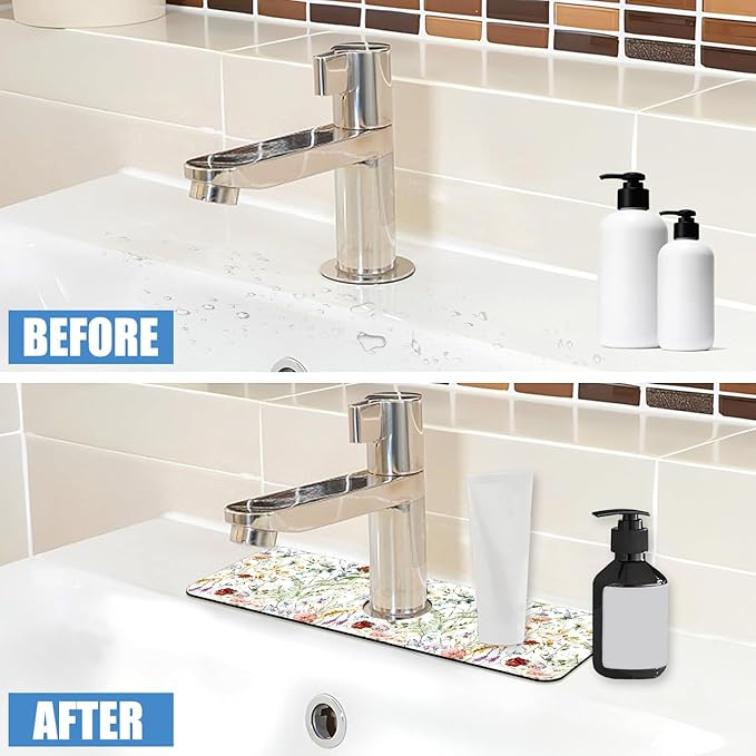 Sink Faucet Absorbing Mat Wildflower Sink Splash Guard Drying Mat for Kitchen Bathroom Faucet Sinkmat 15.5"X5.5"