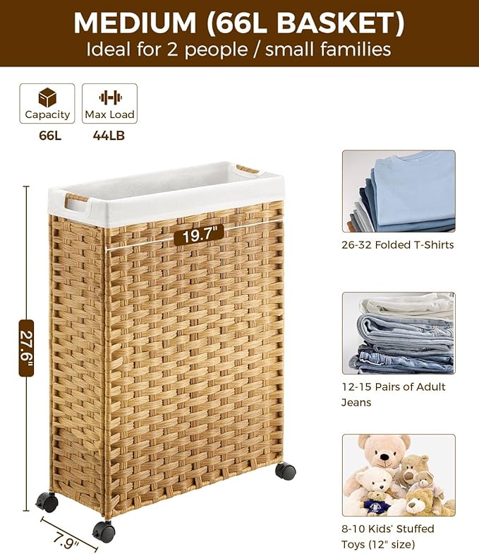 Greenstell Laundry Hamper with Wheels, 17.4 Gallon (66L) Slim Laundry Basket with 2 Removable Liner Bags & 2 Mesh Bags, Narrow Rattan Clothes Hamper for Bedroom, Laundry Room, Bathroom, Natural