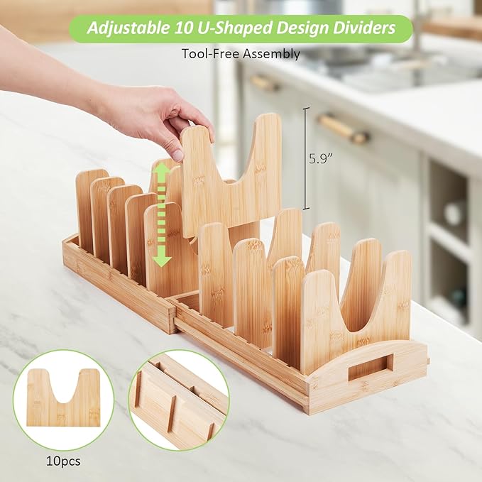 Pots and Pans Organizer under Cabinet, Pot Lid Organizer Bamboo Expandable with 10 Adjustable Dividers, Pan Holder Kitchen Storage Rack for Cutting Board, Baking Tray and Cookie Sheet