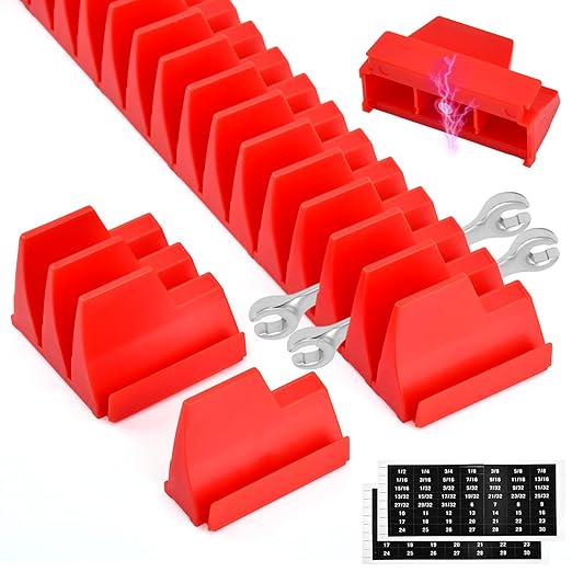 48 pcs Magnetic Modular Wrench Organizers for Tool Drawers, Tool Storage Holder Wrench Rack with Metric & SAE Labels (Color:Red)