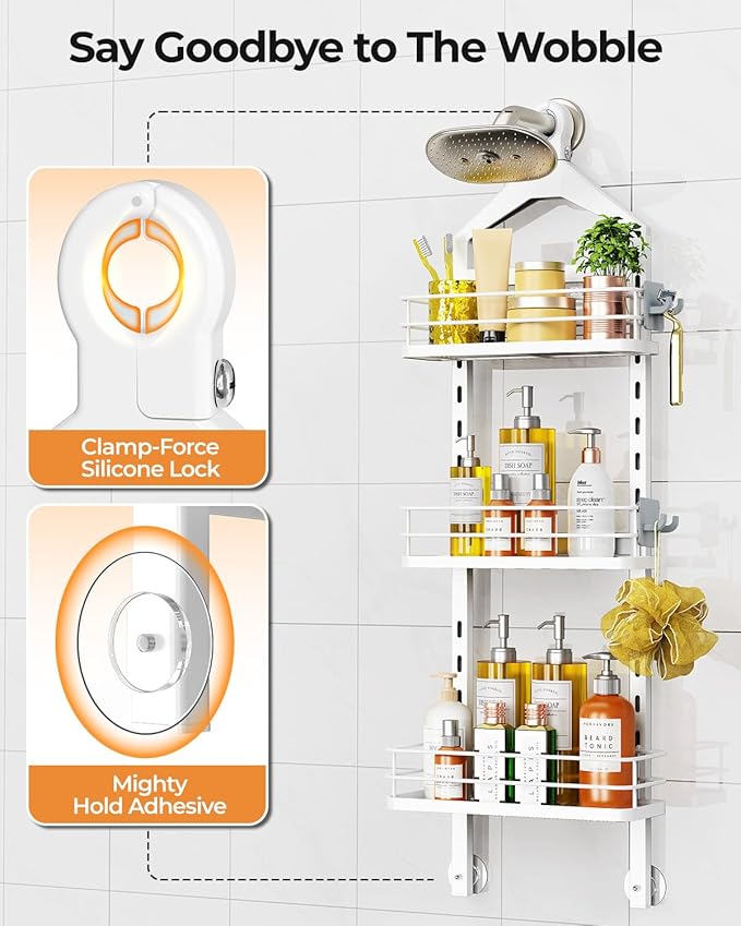 ODesign 3 Tier Height-Adjustable Shower Caddy Hanging Anti-Swing-Over The Shower Head Caddy-Storage Organizer Bathroom Shelves Basket - White