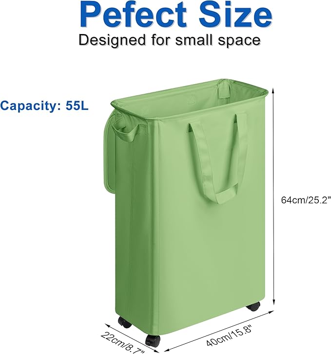 Slim Laundry Hamper with Lid and Wheels, Small Rolling Laundry Basket with Handle for Small Spaces, Tall Dirty Clothes Hampers for Dorm, Bathroom and Bedroom, 55L, Soga Green