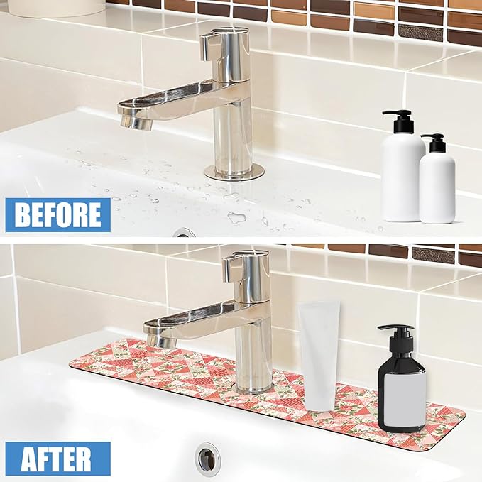 Sink Splash Guard Faucet Mat Roses and Butterflies Absorbent Fast Drying Mat Sink Gadgets Splash Guard Behind Faucet Drip Catcher for Kitchen Bathroom 23.5"X5.5"