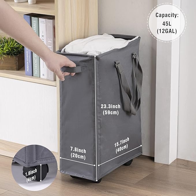 Slim Rolling Laundry Basket, Slim Laundry Hamper with Wheels and Adjustable Long Handles, 45L Small Laundry Baskets with Mesh Top, Narrow Dirty Clothes Hamper for Bedroom, Closet, and Bathroom - Grey