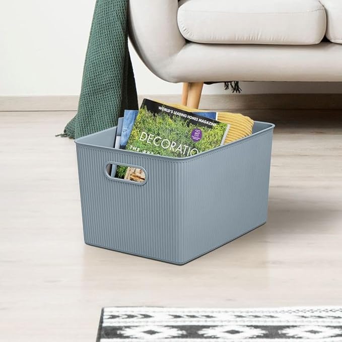 Superio Ribbed Collection - Decorative Plastic Basket Open Home Storage Bins Organizer, Blue Containers for Organizing Closet Storage Bins for Shelves (Bin with Lid- Extra Large (22 Liter), 2 Pack)