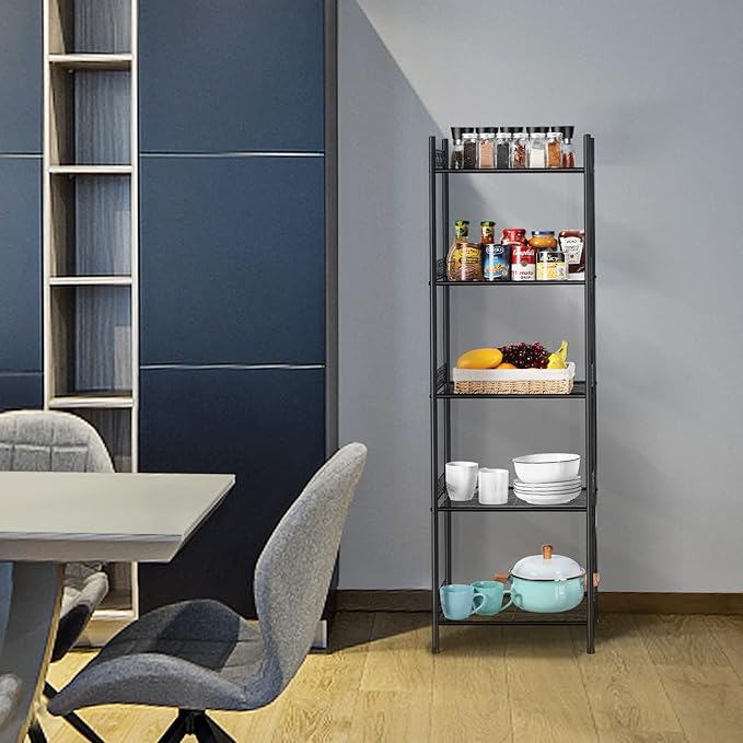 5-Tier Storage Shelf Wire Bathroom Organizers, Heavy Duty Shelving Unit for Pantry Kitchen Bathroom Laundry Room Garage, Organization Home Corner Rack, Black