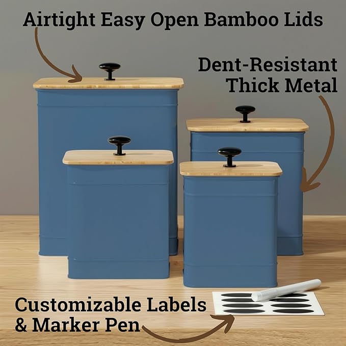 Kitchen Canisters for Countertop Set of 4 with Customizable Chalkboard Labels & Marker Pen - Big Iron Kitchen Canister Set with Airtight Lids - Blue Canisters - Sugar Tea Coffee Containers Sets