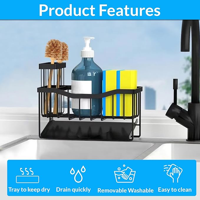 Rustproof Stainless Steel Sponge Holder for Kitchen Sink – Large Sink Caddy Organizer with Rotating Drain Spout & High Brush Holder – No-Drip Kitchen Sink Organizer for Soap Dispenser.