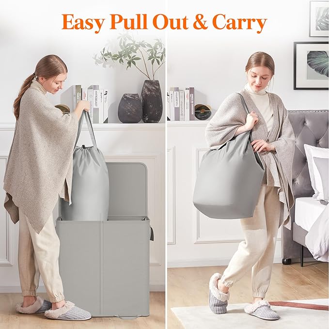 Lifewit Double Laundry Hamper with Lid and Removable Laundry Bags, Large Collapsible 2 Dividers Dirty Clothes Basket with Handles for Bedroom Laundry Room Closet Bathroom College, 136L Silver Gray