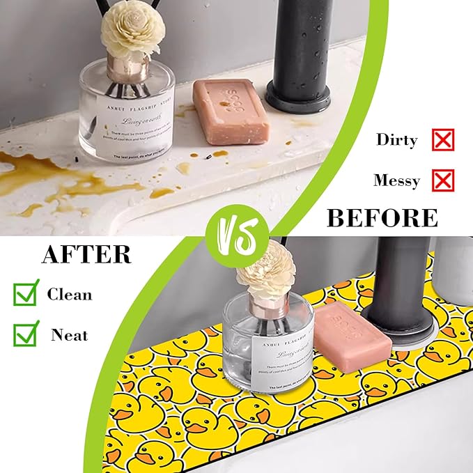 Sink Splash Guard Faucet Mat Rubber Ducky Absorbent Fast Drying Mat Sink Gadgets Splash Guard Behind Faucet Drip Catcher for Kitchen Bathroom 23.5"X5.5"