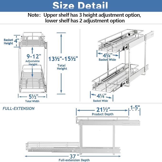 MODCART 2 Tier Individual Pull Out Cabinet Organizer 5½" W x 21½" D, Heavy Duty Cabinet Pull Out Shelves, Slide Out Drawers Organization for Kitchen Cabinets Bathroom