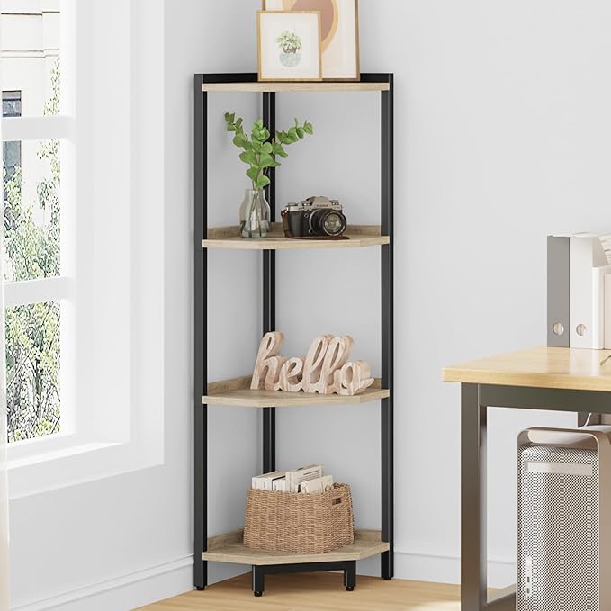 Corner Shelf Stand, Corner Bookshelf, Storage Standing Shelf Unit with Metal Frame, Plant Stand, Bookcase for Living Room, Home Office, Bedroom, 4-Tier Greige CS05805B