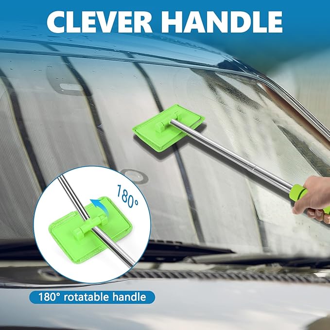 Car Windshield Cleaning Tool, Car Windshield Window Cleaner, Auto Glass Wiper Tool with Extendable Handle & Reusable Microfiber Pad, Universal Vehicle Cleaning Car Accessories (Green)