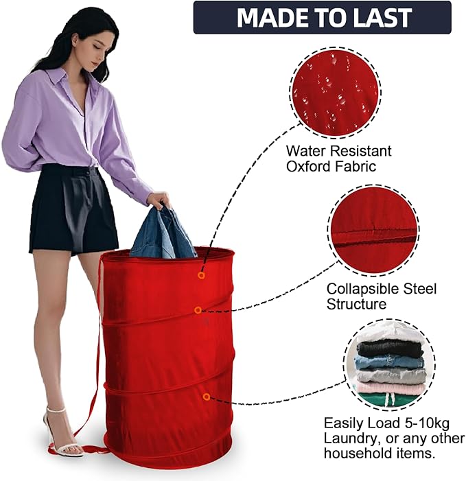 BATTOO Collapsible Laundry Baskets- Foldable Hamper for Laundry Extra Large Pop Up Laundry Hamper 107L with Long Straps Drawstring Clothes Hamper for Bathroom, Campout, Dorm or Travel Red
