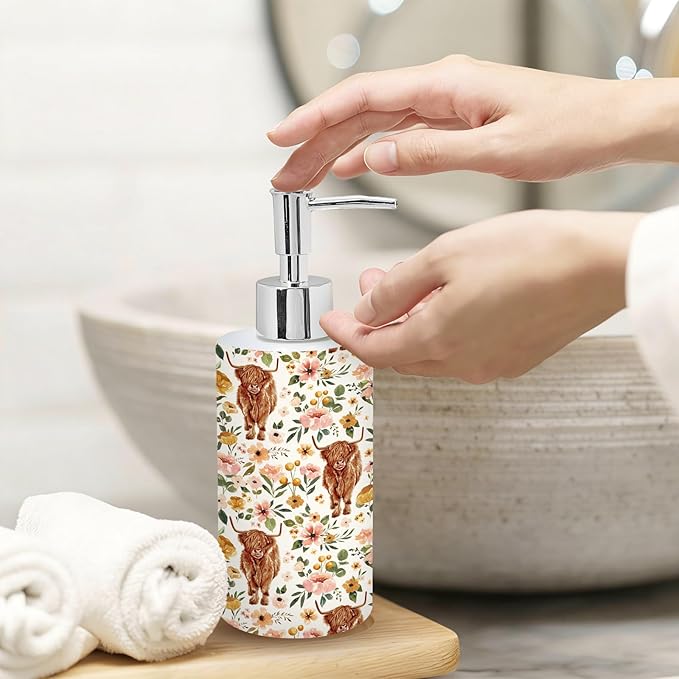 Highland Cow Soap Dispenser Refillable Liquid Container Watercolor Boho Floral Cow Glass Soap Dispenser with Pump for Bathroom Kitchen Countertop Decor