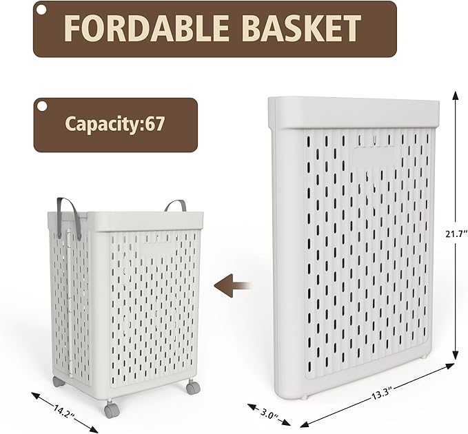 UAK 67L Plastic Laundry Basket with Wheels & Handle, Heavy Duty Foldable Laundry Hamper – Easy Clean Waterproof Rolling Organizer for Bathroom & Laundry Room, Grey