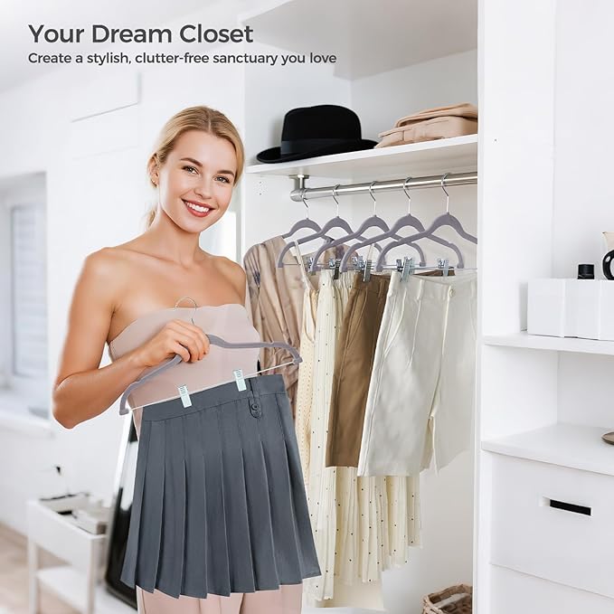 HOUSE DAY Velvet Hangers with Adjustable Clips 10 Pack, Non-Slip Suit Organizer with 360° Hook - Heavy Duty Hanger for Pants, Skirts, Blouses, Dresses - Outfit Hangers All-Season Space Saver (Grey)