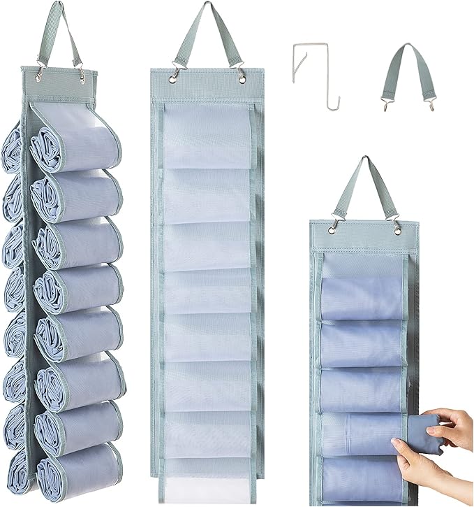 Legging Organizer Storage - 2PCS T Shirt Organizer, Hanging Closet Organizers and Storage with 16 Roll Independent Compartments for Yoga Pants, Towel, Bathing Suit (Grey)