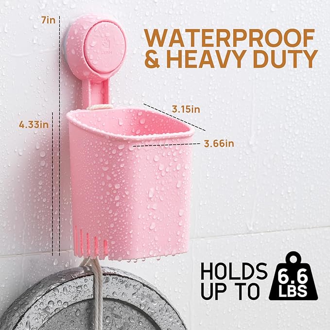 LEVERLOC Powerful Suction Cup Toothbrush Holder, Drill-Free Wall Shower Holder for Toothbrush, Toothpaste, Razor, Self-draining Kitchen Tableware Organizer, Removable Suction Cup in Shower, Pink