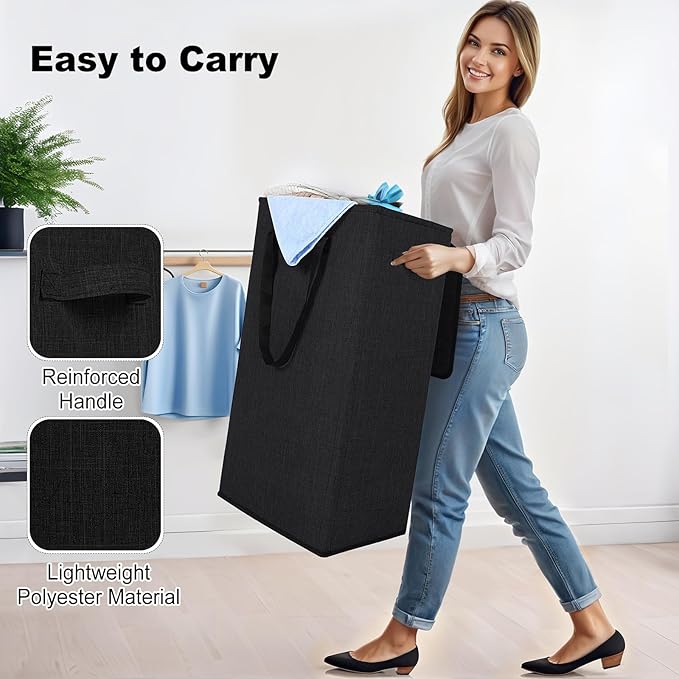 Odonata 75L Slim Laundry Hamper with Lid,Large Foldable Laundry Basket with Removable Bag and Handles Tall Collapsible Dirty Clothes Basket Great for Bedroom, Bathroom, Dorm, College,RV.(Black, 75L)