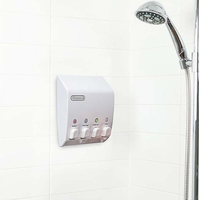 Better Living Classic Shower Dispenser 4 Chamber, Wall Mount Shower Shampoo and Soap Dispenser for Bathroom Hotel Body Wash, No Drill Adhesive, 4 x 14.5 oz, 9.5" x 3" x 10.75", White