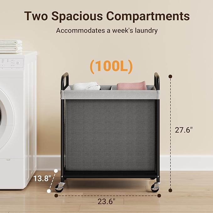 ELYKEN Laundry Hamper 2 Section, 100L Rolling Laundry Sorter with Removable Liner Bag, Laundry Basket with Wheels, Steel Frame with Metal Handle, Clothes Hamper Cart for Laundry Room & Bedroom
