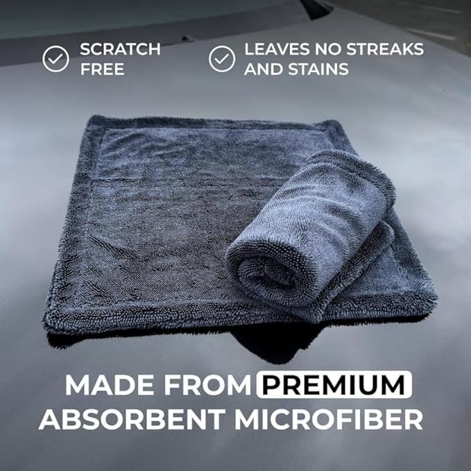 1200GSM Microfiber Car Drying Towel, Double-Twist Loop, Ultra-Absorbent, Quick-Dry, Lint- & Streak-Free, Scratch-Safe, for Car Wash & Detailing (1 Pack) (Dark Grey, 16" x 16")