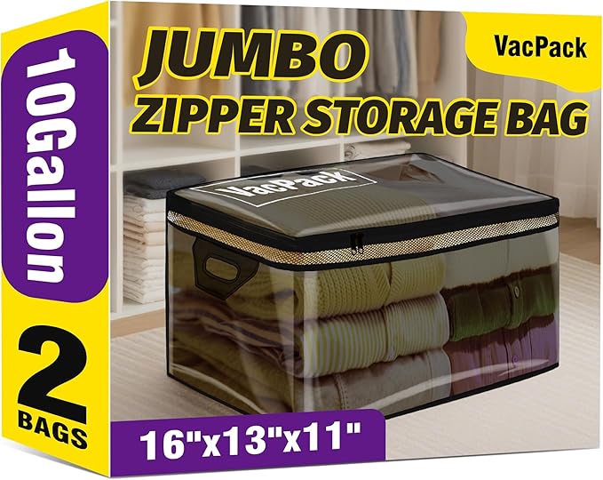 Jumbo Storage Bags Flexible Totes for Clothes, 10 Gallon Extra Large Zipper Bags for Storage (10 Gal-2 pack)