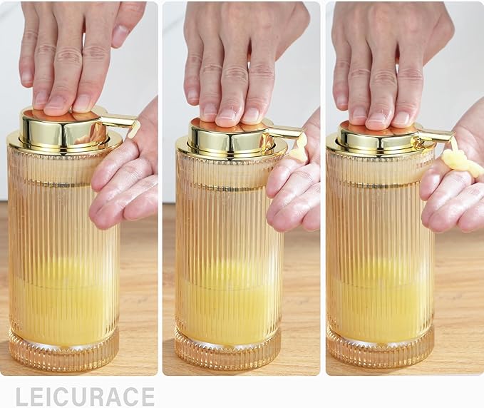 Glass Liquid Soap Dispenser, Refillable Liquid Dispenser with Gold Pump, Hand Soap Dispenser for Bathroom Kitchen, Modern Home Bathroom Kitchen Decor （Liquid Type/Clear）