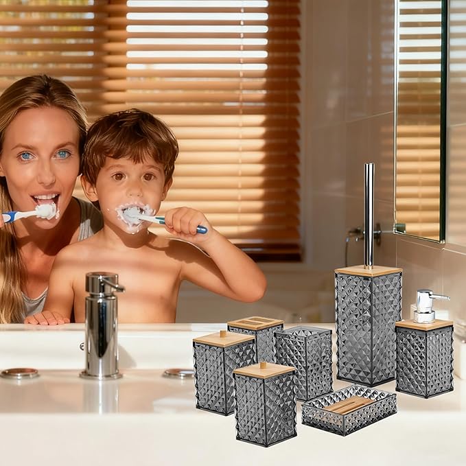 Bathroom Accessory Set,7 Pcs Gray Bathroom Set Include Soap Dispenser, Qtip Holder Dispenser, Soap Dish,Toilet Brush,Toothbrush Holder & Mouthwash Cup.Boho Bathroom Set