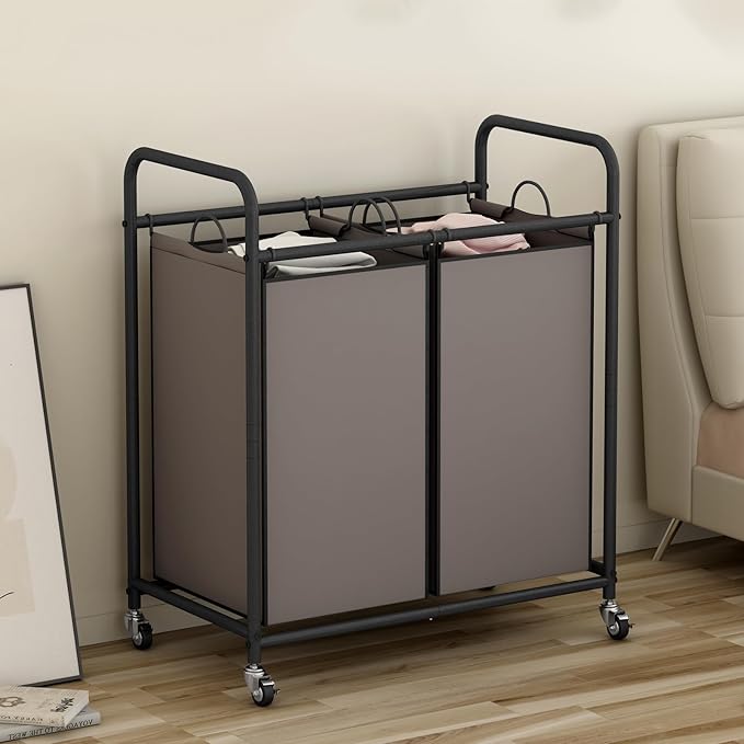 SUOERNUO Laundry Hamper Basket 2 Bag Laundry Sorter Cart with Rolling Lockable Wheels and Removable Bags Laundry Organizer Cart for Clothes Storage, Assorted