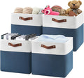 13 Inch Cube Storage Bins,Set of 4, Foldable Storage Basket with PU Handles for Organizing Home, Closet, Laundry, Office, Organizers for Shelves(White/Blue)