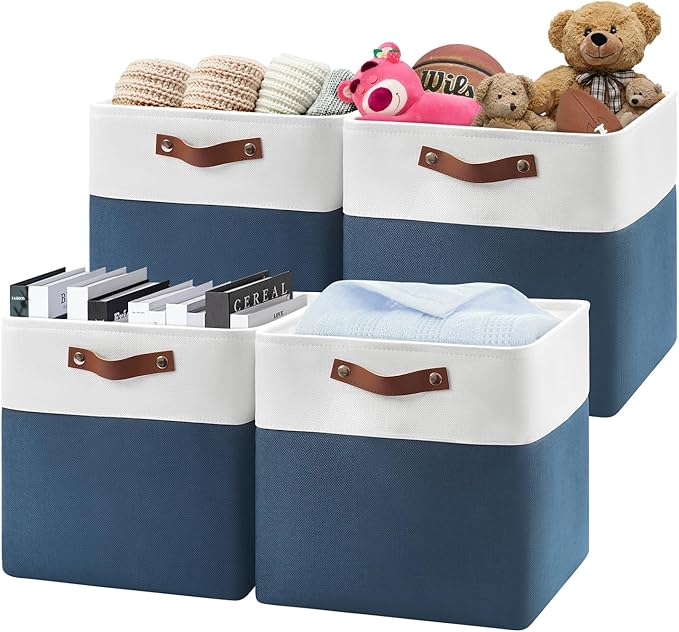 13 Inch Cube Storage Bins,Set of 4, Foldable Storage Basket with PU Handles for Organizing Home, Closet, Laundry, Office, Organizers for Shelves(White/Blue)