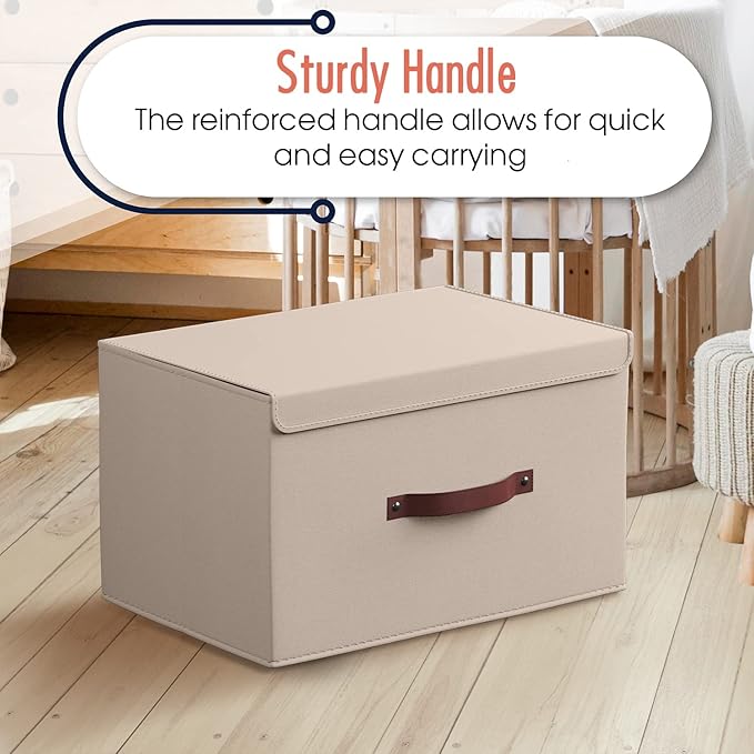 Ornavo Home 6 Pack Collapsible Storage Bins with Lid, Foldable Linen Fabric Shelf Storage Basket Closet Organizer and Large Storage Box for Clothes with Leather Handles, 15 x 10 x 9, Beige