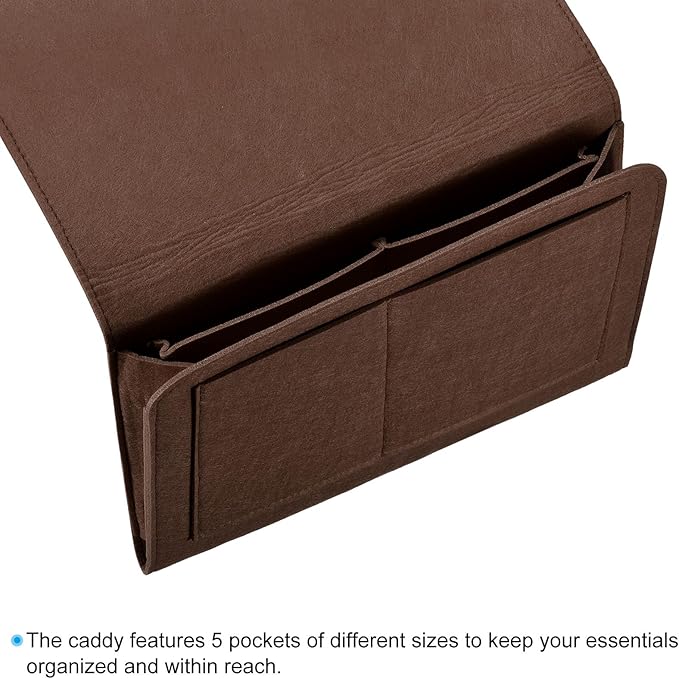 PATIKIL 13in Bedside Caddy, Bed Caddy Bedside Organizer Hanging 5 Pocket Soft Bed Pockets Bedside Storage Organizer Remote Control Holder for Bedroom Phones Glasses, Dark Brown