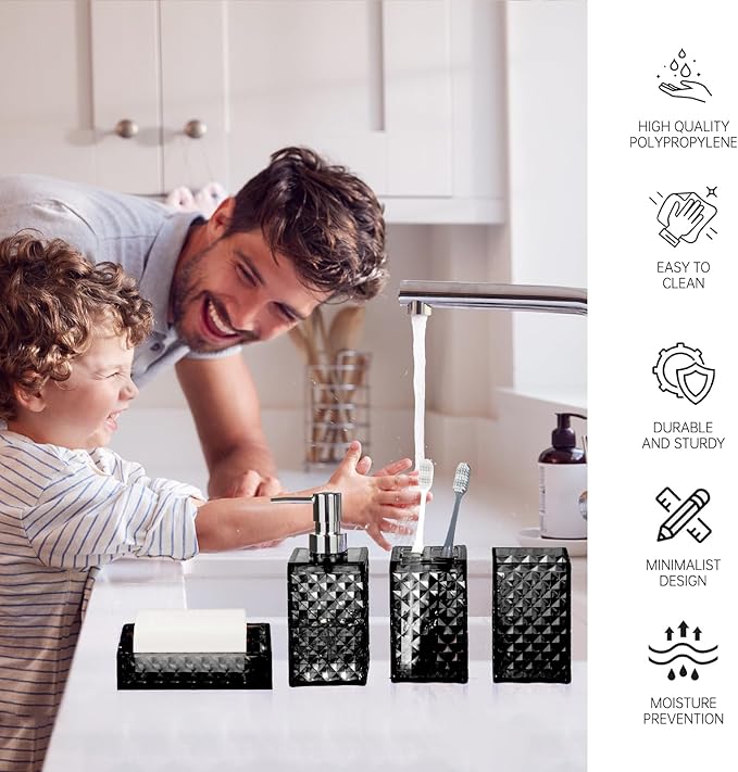 Bathroom Accessory Set, Grid Pattern 4 Pcs Plastic Bathroom Set Include Soap Dispenser, Soap Dish, Toothbrush Holder, Mousewash Cup, Modern Bahtroom Décor Set, Space Save for Bathroom(Black)