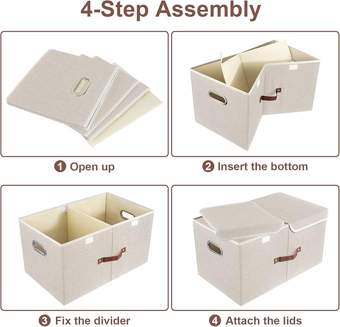 TYEERS Extra Large Collapsible Storage Bins with Lids and Compartments, Washable, Fabric Storage Boxes, 21.7x13x11.8 inches, 3 Pack, Beige