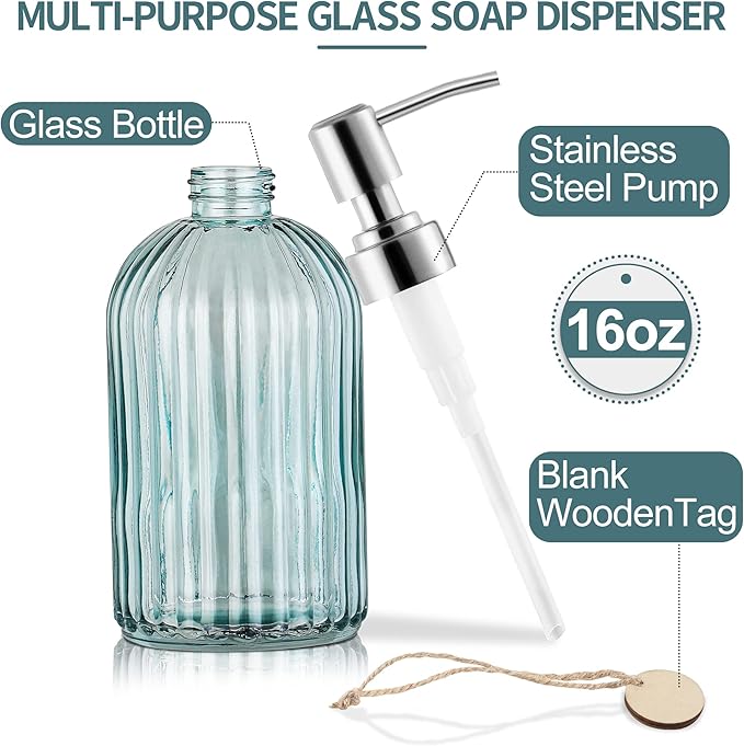 16OZ Fashion Stripe Clear Glass Refillable Soap Dispenser with 304 Stainless Steel Pump Premium Soap Dispenser， for Kitchen, Bathroom, Hand Sanitizer, Liquid Soap, Lotion, etc. (Clear Blue)