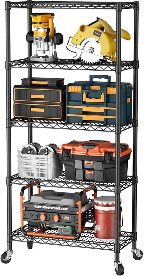SINGAYE 5 Shelf Storage Wire Shelves Closet Bathroom Organizers Metal Pantry Kitchen Garage Shelving Unit Laundry Room Organization Home Narrow Rack Net Basket with Wheels Black