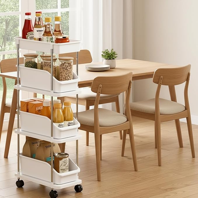 Slim Storage Cart 4 Tier Slim Rolling Utility Cart with Pull-Out Baskets & Wheels for Narrow Space in Kitchen Dining Room Bathroom Laundry Room Cream White (Width 6.3 Inches)