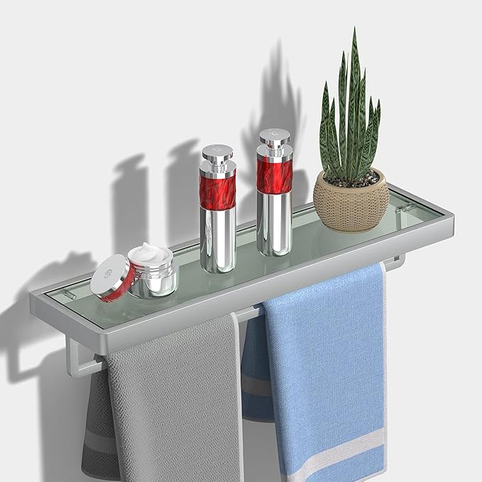 SFGSOWOR Glass Floating Shelves for Wall, Brushed Nickel 20 Inch Tempered Glass Rectangular 1 Tier Organizer Shelf for Bathroom