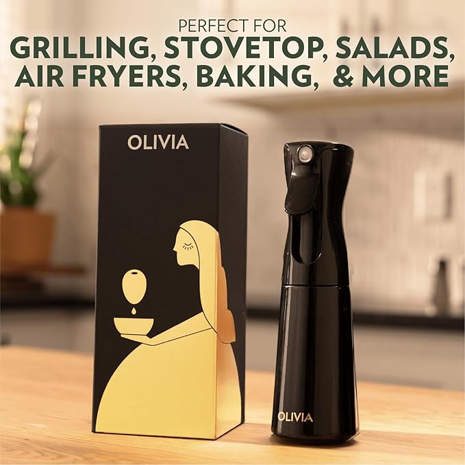FLAIROSOL OLIVIA SIGNATURE Advanced Kitchen Oil Sprayer Technology, Continuous Fine Mist with Portion Control, Reusable Glass Olive Oil Spray Bottle, Anti-Drip & Leakproof, Black 200ml