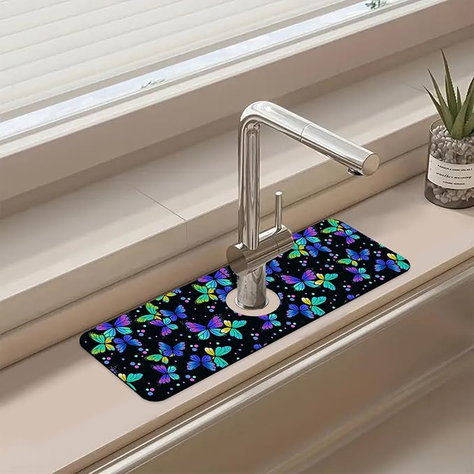 Sink Faucet Absorbing Mat Colourful Butterflies Sink Splash Guard Drying Mat for Kitchen Bathroom Faucet Sinkmat 15.5"X5.5"